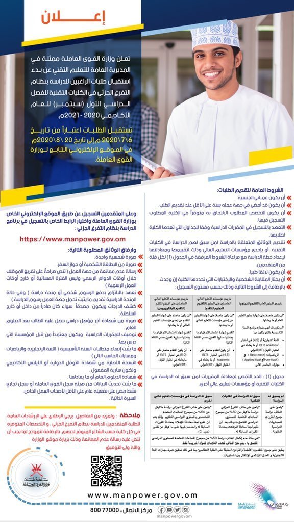 القوى العاملة تعلن عن بدء استقبال طلبات الراغيبين للدارسة بنظام التفرغ الجزئي في الكليات التقنية 2 EcO871uXgAAoQgX